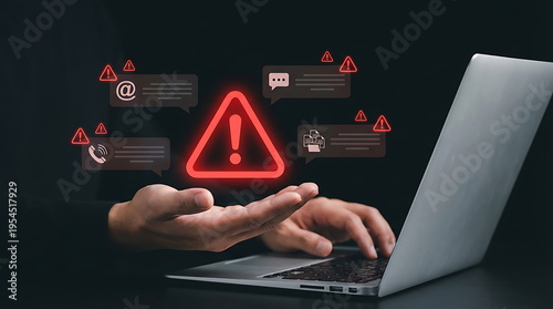 man presenting warning alert signs floating over laptop with chat bubbles indicating online security threats or system alerts