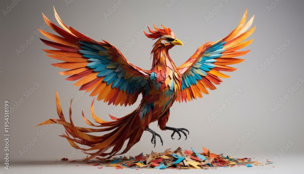 Fototapeta premium a vibrant paper phoenix with bright orange and blue feathers. This paper phoenix is surrounded by colorful paper scraps on a neutral background.
