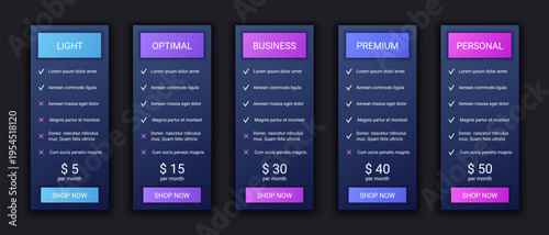 Price table template. Pricing data plans. Comparison chart grid. Spreadsheet page with 5 columns. Dark theme. Comparative subscription with options. Checklist compare banner. Vector illustration.