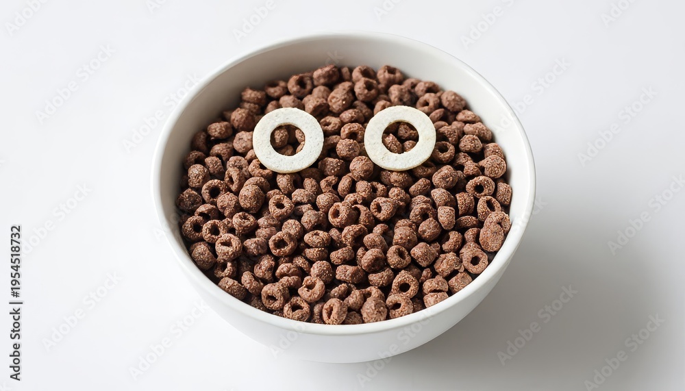 Fototapeta premium The bowl contains chocolate cereal shaped like tiny rings. Two round pieces sit atop, resembling eyes for a playful presentation of the cereal.