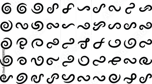 Abstract spiral swirl shapes vector collection. Features various curled lines, decorative elements, and elegant twirls. Minimalist flat design for graphic projects and creative branding.