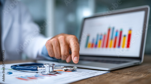 healthcare investment planning scene with businessman hands indicating growth chart beside reports and diagnostic tools