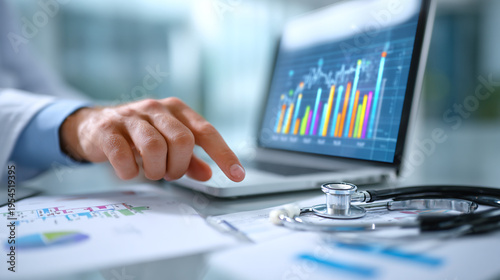 executive pointing at healthcare business analytics dashboard with medical reports and clinic management paperwork nearby