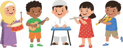 Multicultural Kids Playing Music Instruments Group Scene 