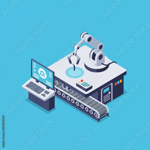 Isometric illustration of a robotic arm on a conveyor belt controlled by a computer.