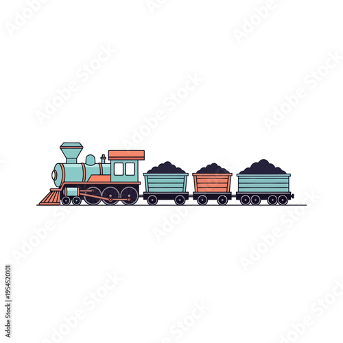 Classic Steam Train with Coal Wagons Illustration.