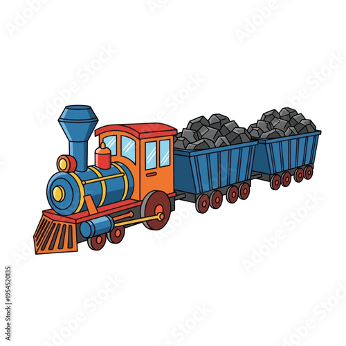 Colorful Cartoon Steam Train with Coal Cars Illustration.