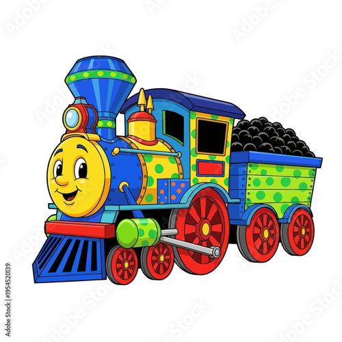 Colorful Cartoon Train with Coal Car Isolated on White Background.
