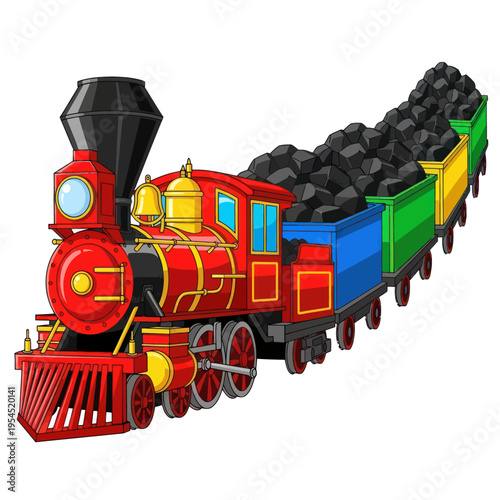 Colorful Toy Train with Coal Carriages Isolated on White Background.