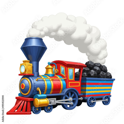 Colorful Toy Steam Train with Coal Car and Puffs of Smoke.