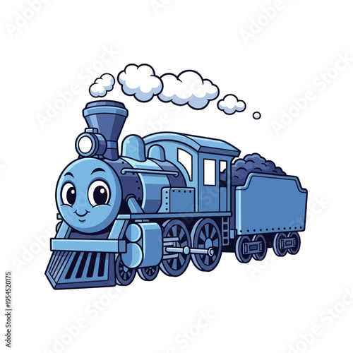 Cute Blue Cartoon Steam Train with Friendly Face and Smoke.