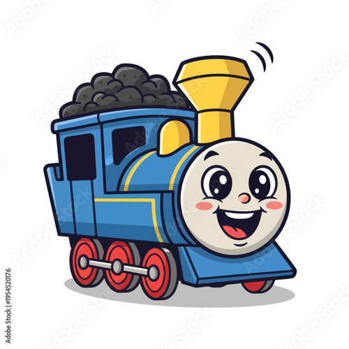 Cute Blue Cartoon Train with a Happy Face and Coal Car.