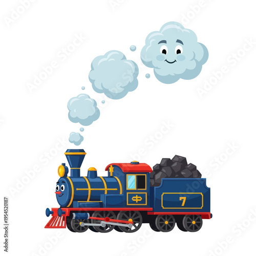 Cute cartoon blue steam train with happy smoke clouds.