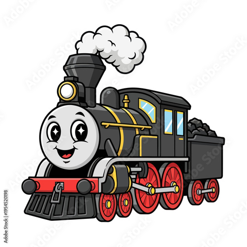 Cute Cartoon Steam Train Illustration with Happy Face and Smoke.