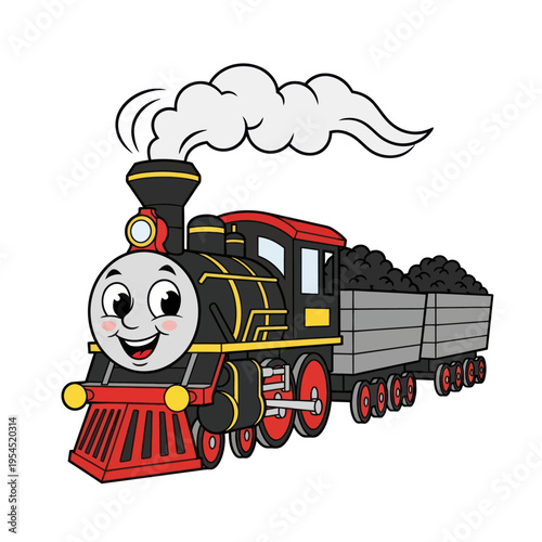 Happy Cartoon Steam Train with Coal Car Illustration.