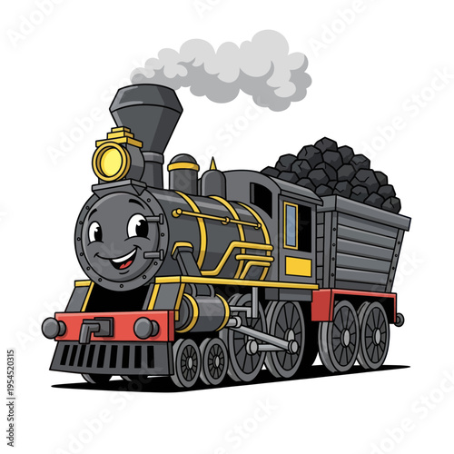 Happy Cartoon Steam Train with Coal Car Illustration.