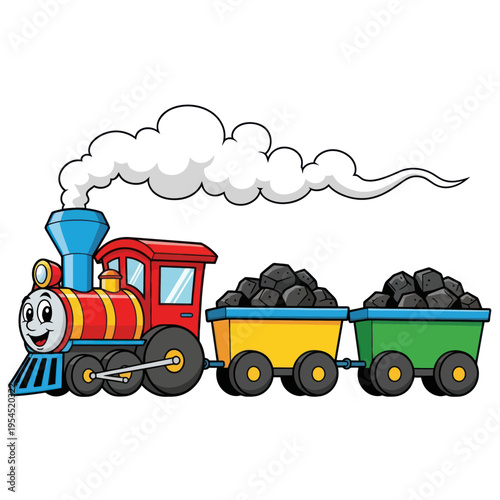 Happy Cartoon Steam Train with Coal Carriages.