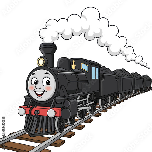 Happy Cartoon Steam Train with Coal Cars on Tracks.