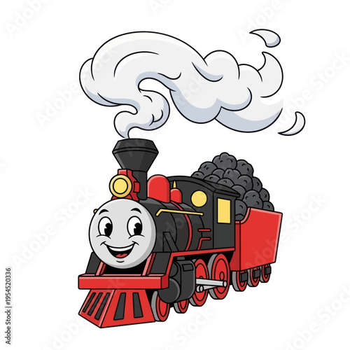 Happy Cartoon Steam Train with Smiling Face and Smoke Puffing from Smokestack.