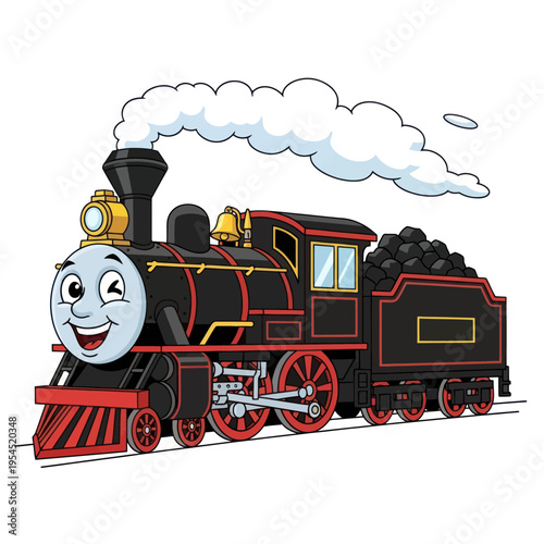 Happy Cartoon Steam Train with Winking Face and Smoke.