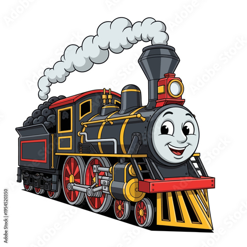 Happy Cartoon Steam Train with Smiling Face and Smoke.