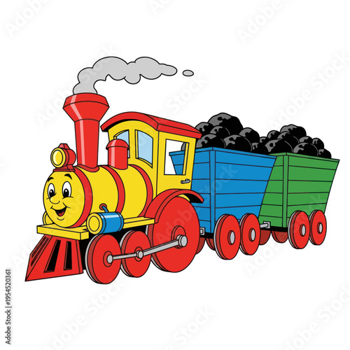 Happy Cartoon Train with Coal Car and Freight Wagon.