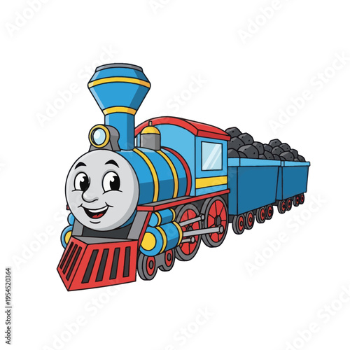 Happy cartoon train with coal car isolated on white background.