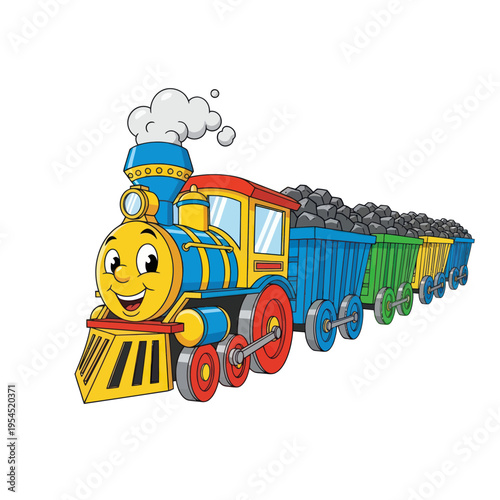 Happy Cartoon Train with Coal Cars Illustration.