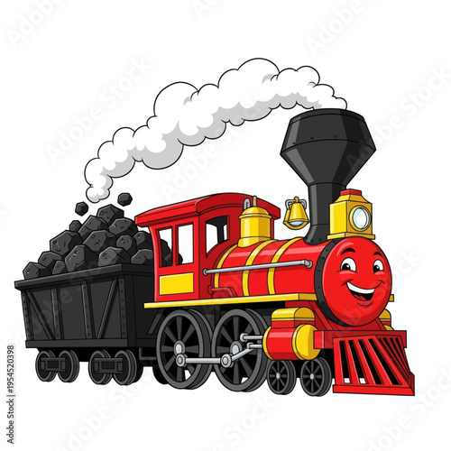 Happy Red Cartoon Steam Train with Coal Car Smiling.