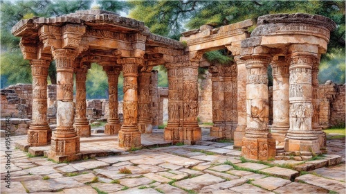 Exploring ancient temple ruins digital artwork showcasing cultural heritage in a lush setting
