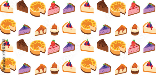 Cheesecake and Dessert Slice Vector Set Featuring Strawberry, Blueberry, Chocolate Cakes, Cream Toppings, Baked Pastries, and Sweet Bakery Collection for Food Design