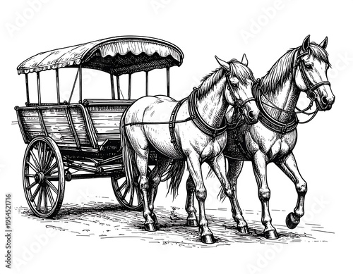 Black and white illustration depicts a horse-drawn carriage. Two horses are pulling a covered wagon with wooden wheels, a detailed drawing