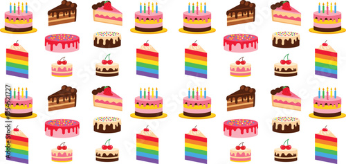 Colorful Cake Collection Vector Set Featuring Birthday Cakes, Rainbow Layer Cakes, Chocolate Desserts, Slices, Frosting Decorations, and Sweet Bakery Illustration for Celebration Designs