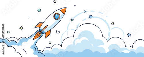 Rocket ship blasts off into cloudy sky with stars and rainbow