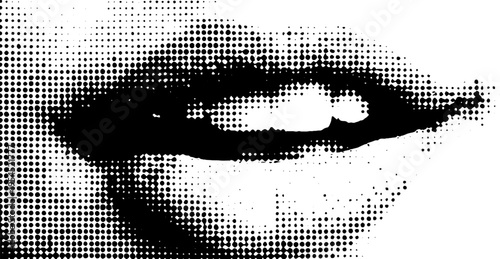 Pop art mouth with tongue out in black and white halftone design for retro art and decor