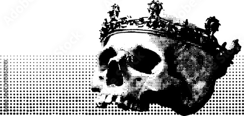 Punk skull with broken chain crown in black and white halftone style for tattoo design or alternative art