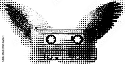 Retro cassette with wings in black and white halftone style for vintage music design