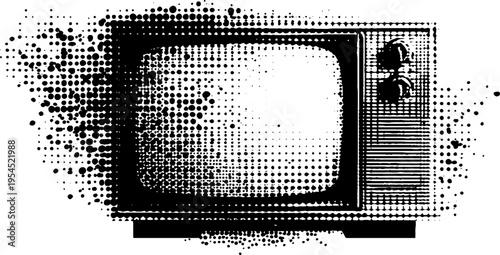 Retro television with broken screen in black and white halftone style for vintage design