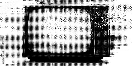 Retro television with broken screen and halftone effect - black and white vintage design