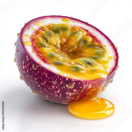 Half a juicy passion fruit on a white background