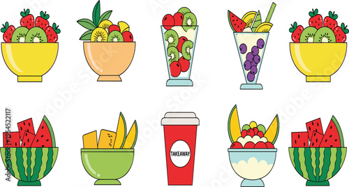 Fresh Fruit Bowl and Juice Vector Set Featuring Watermelon, Kiwi, Banana, Berry Mix, Smoothie Glasses, and Healthy Organic Food Illustration Collection