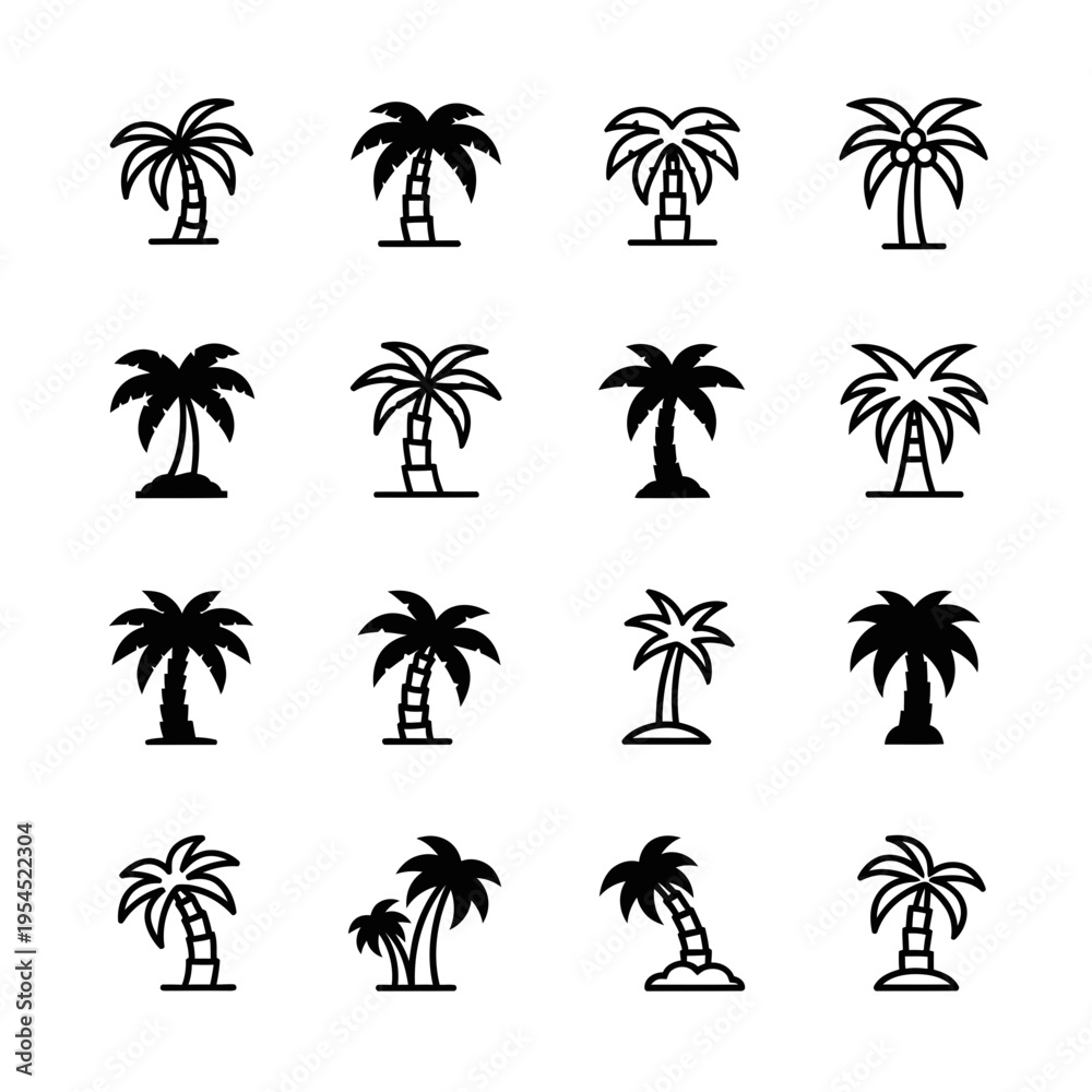 Naklejka premium Collection of sixteen palm tree icons in black and white minimalist style for tropical beach and summer vacation themes.