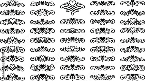 Assortment of Black Heart and Floral Decorative Borders and Dividers Keywords: heart, floral, flourish, border, divider, ornament, swirl, vine, leaf, rose, elegant, vintage, decorative, design