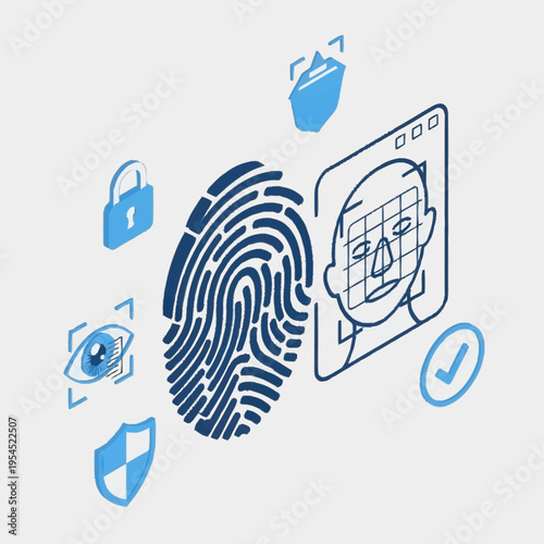 Isometric illustration of biometric security features, including fingerprint, face scan, eye scan, and other security icons.