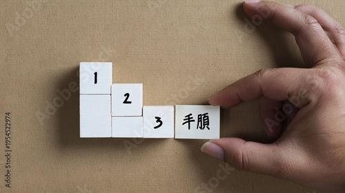 数字のブロックを並べる手、「手順」のビジネスプロセス素材
