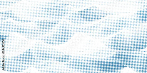 Vector drawing of waves on the sea. Vector halftone dots background, fading dot effect.