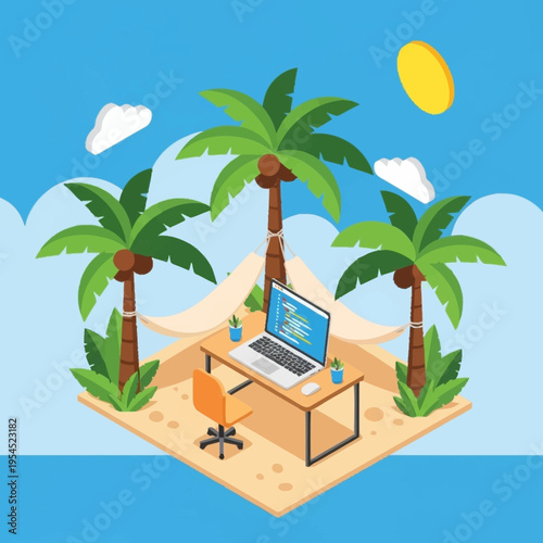 Isometric illustration of a laptop on a desk on a tropical island, suggesting remote work or digital nomad lifestyle.
