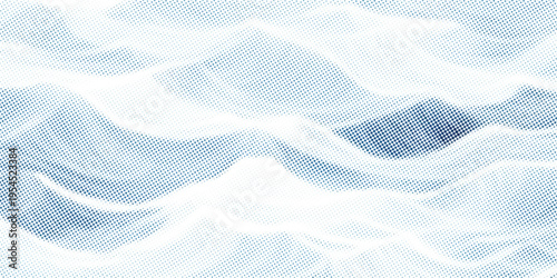 Vector drawing of waves on the sea. Vector halftone dots background, fading dot effect.