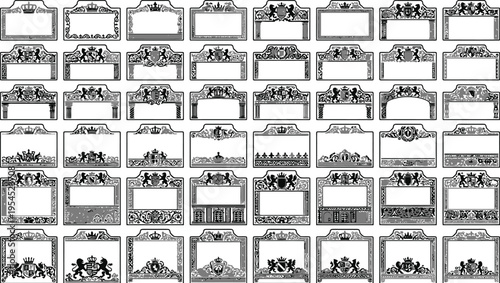 Assortment of ornate black and grey heraldic crests and frames on a white background coat of arms emblem