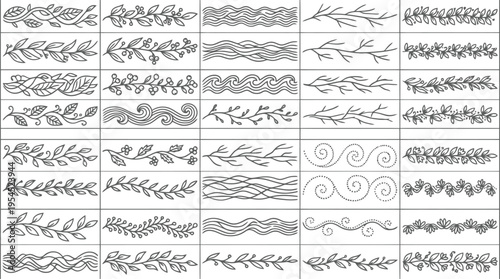 Black and White Line Art Botanical Elements and Wave Patterns Keywords: botanical, leaf, branch, berry, vine, nature, organic, wave, water, pattern, line art, black, white, graphic, design